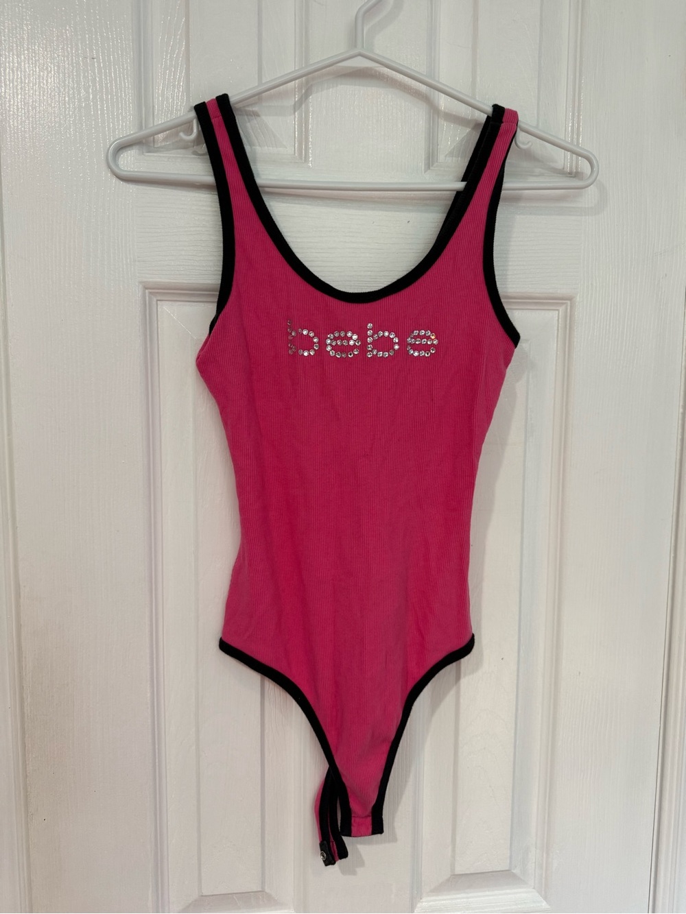 bebe Hot Pink Rhinestone Logo One-Piece with Black Trim